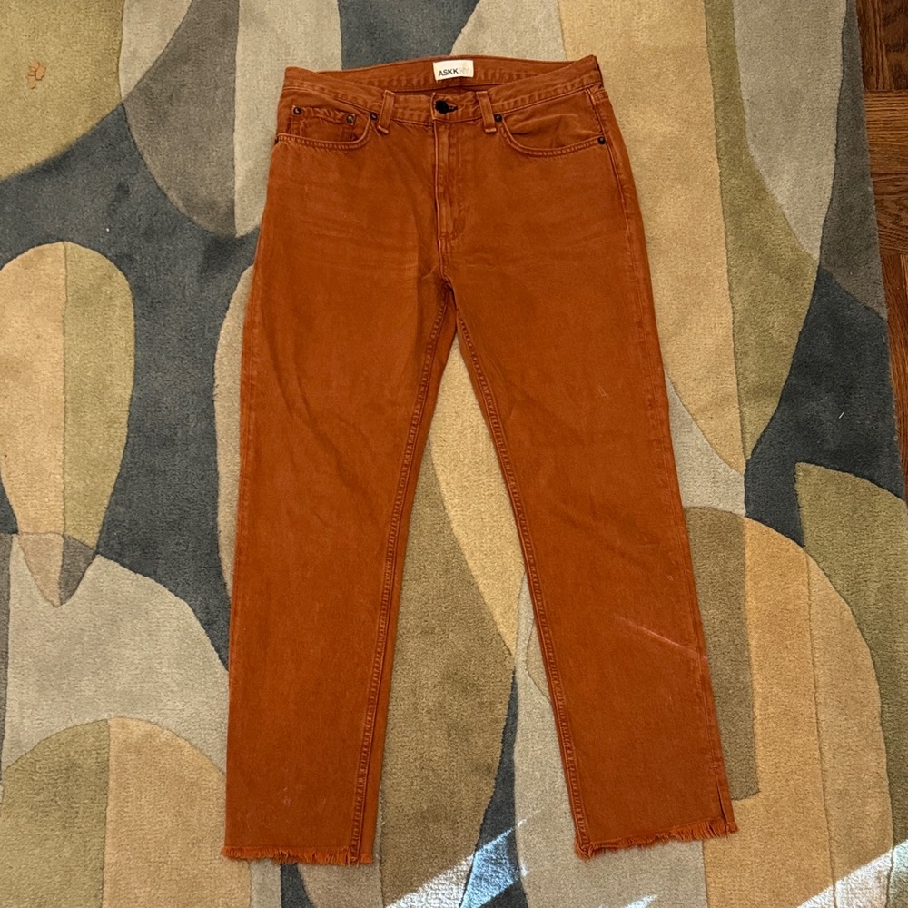 ASKK NY Rust Denim Straight Jeans Size 27/6 made in USA, Raw Hem